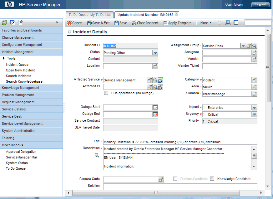 Navigating Between Enterprise Manager and HP Service Manager