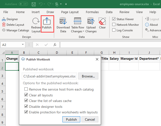 Publish an Integrated Excel Workbook