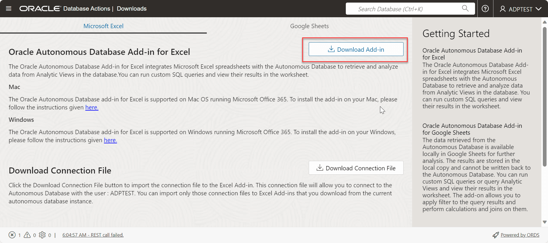 Oracle Autonomous Database for Excel