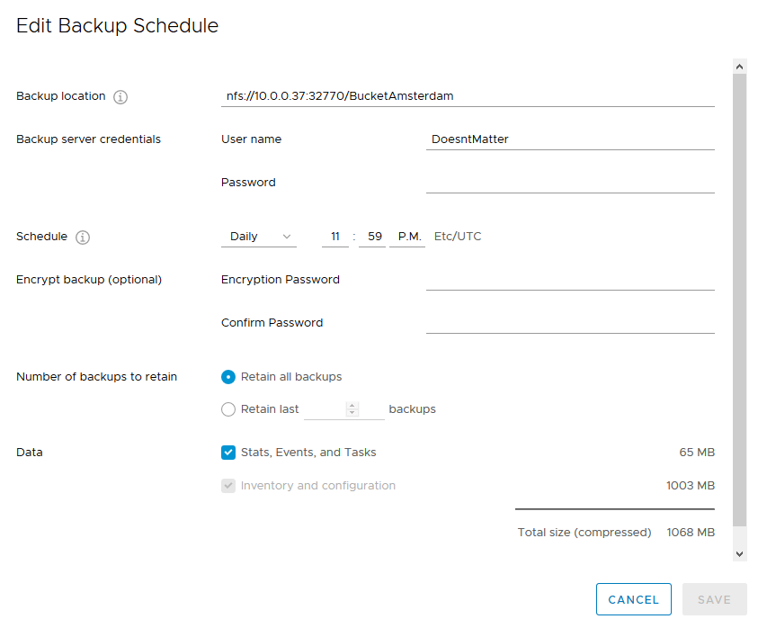 Perform a backup of vCenter Appliance to Oracle Cloud Infrastructure