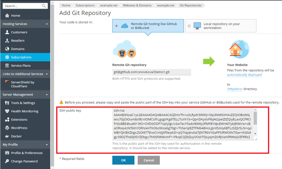Using Remote Git Hosting Plesk Onyx Documentation