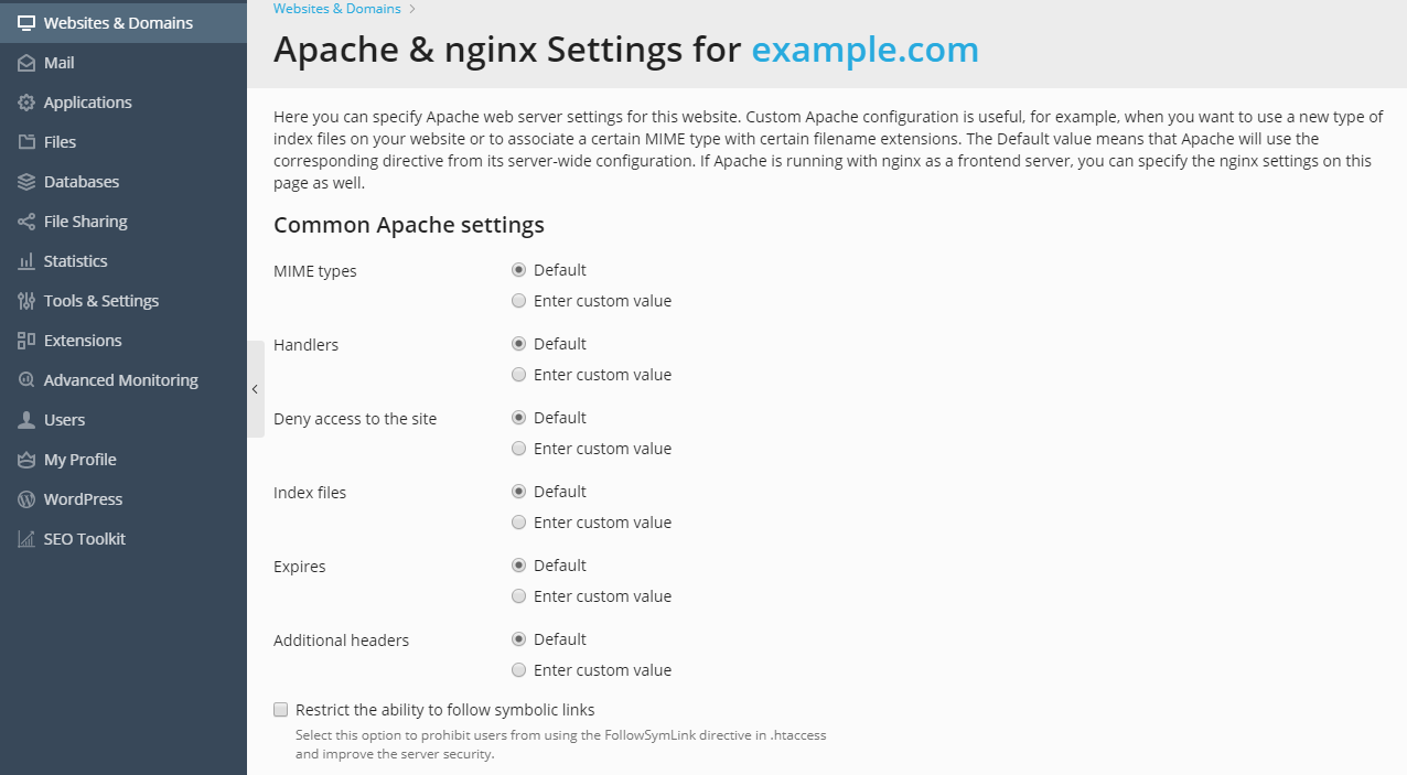Apache と Nginx の設定 Plesk Obsidian documentation
