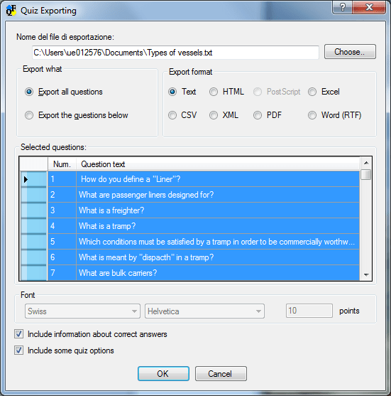 Export of quiz questions