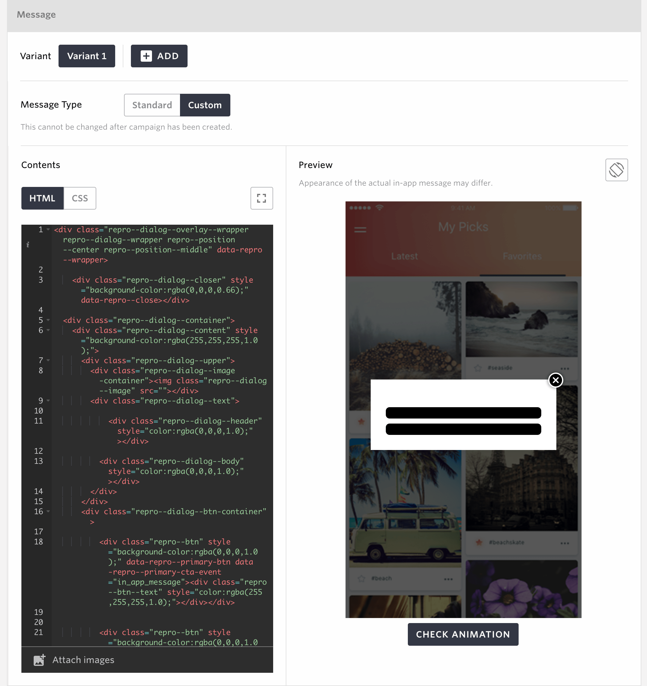 HTML InApp Message — Repro documentation