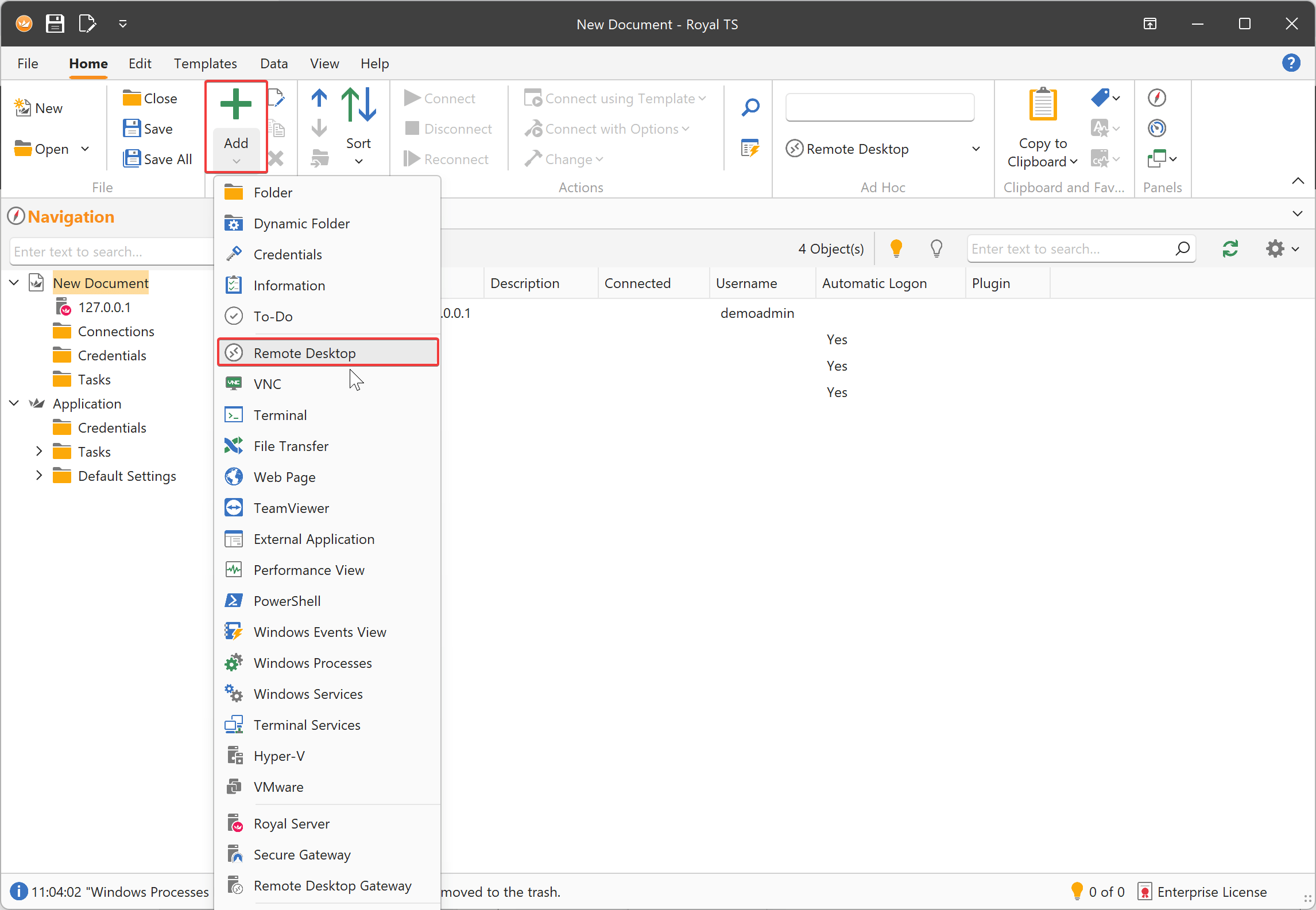Example Creating an RDP connection that is using Royal Server
