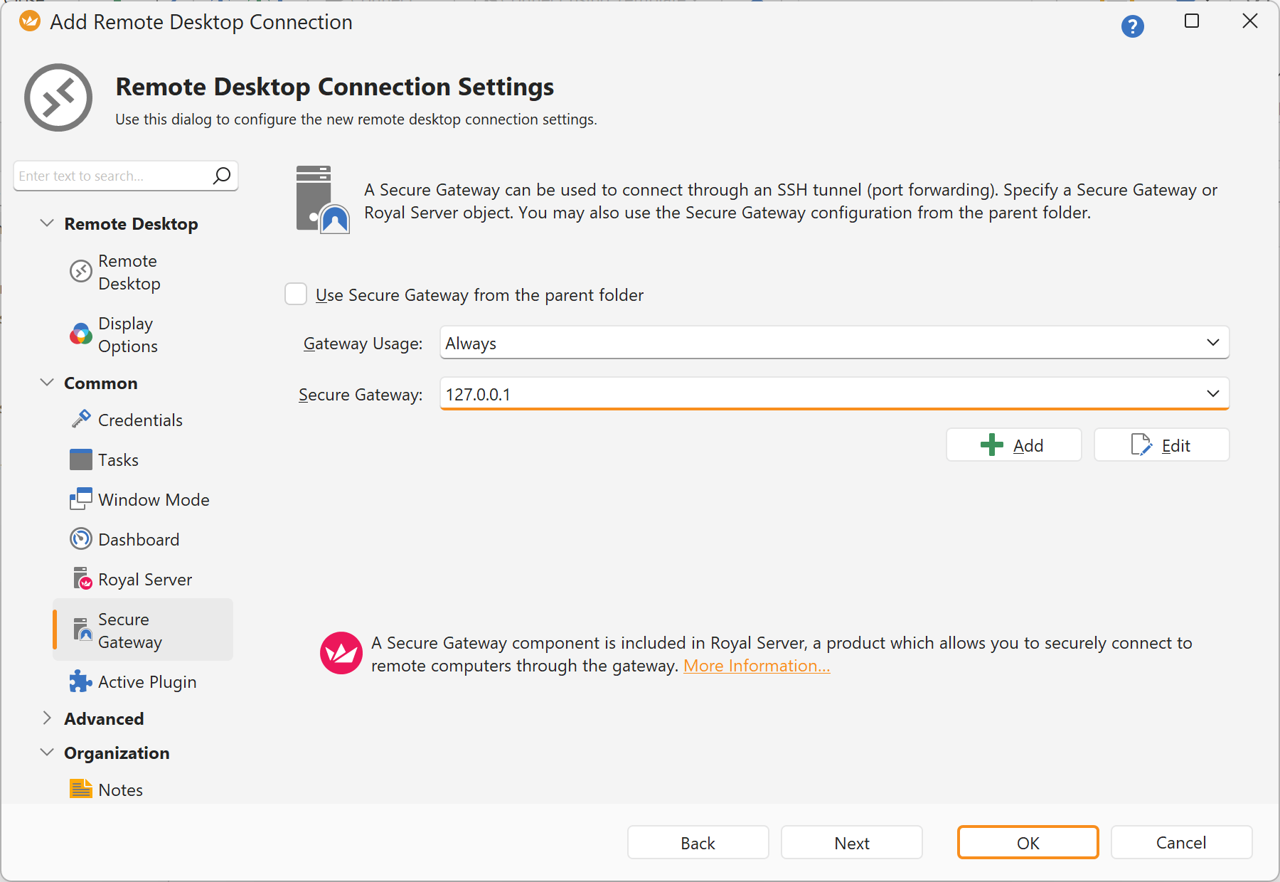 Example Creating an RDP connection that is using Royal Server