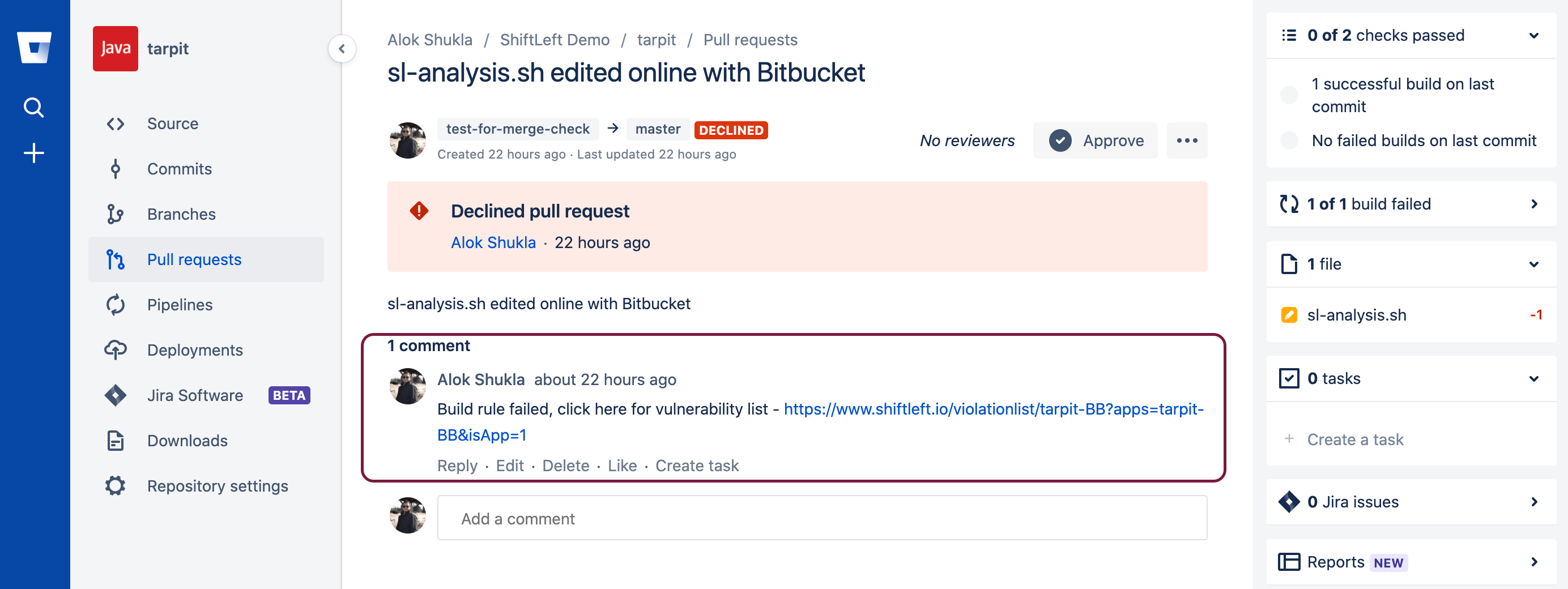 Integrate NG SAST into the Bitbucket merge request workflow ShiftLeft
