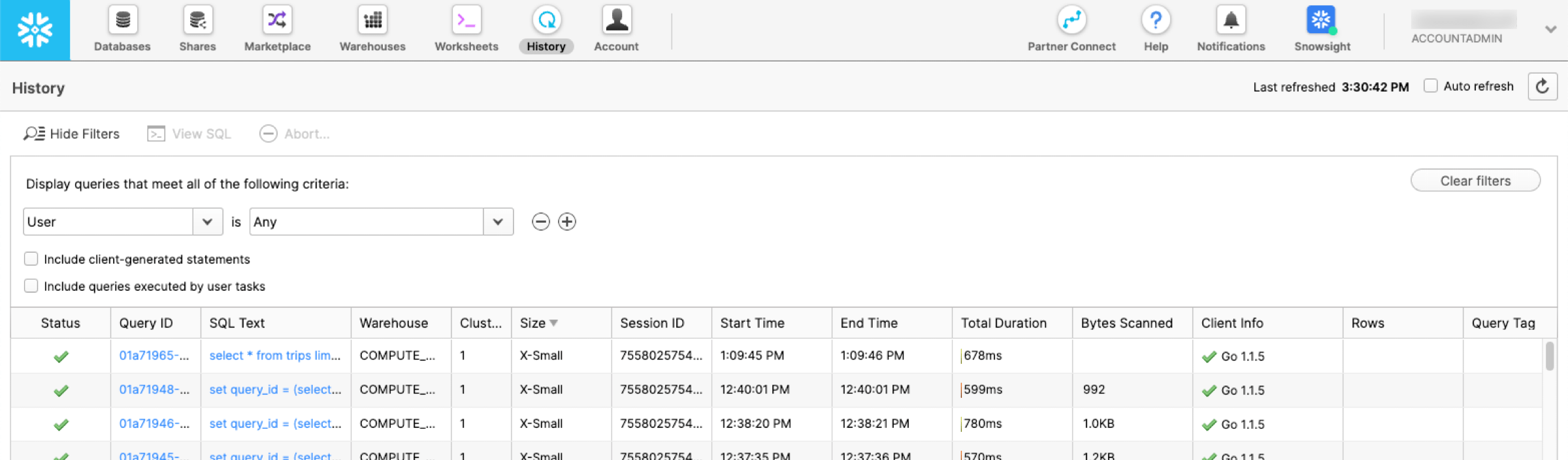 Using the History Page to Monitor Queries — Snowflake Documentation