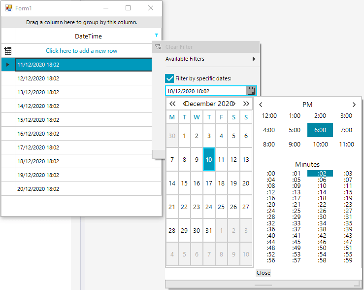 Custom Excellike filter popup with time part Telerik UI for WinForms
