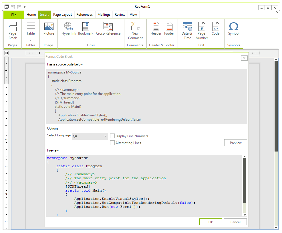 Code Block RadRichTextEditor UI for WinForms Documentation by Progress