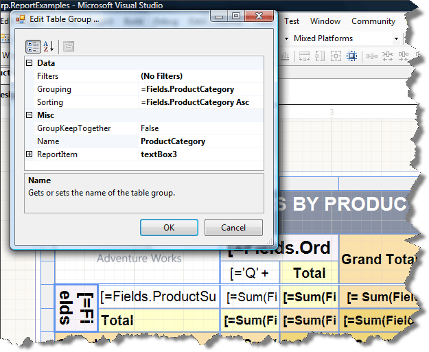 Group Editor of the Table Report Item Telerik Reporting