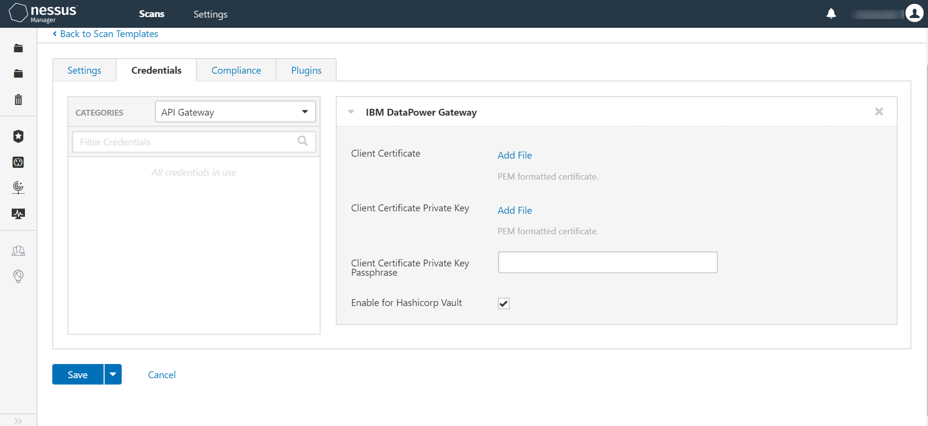 Configure Tenable Nessus Manager with IBM DataPower Gateway