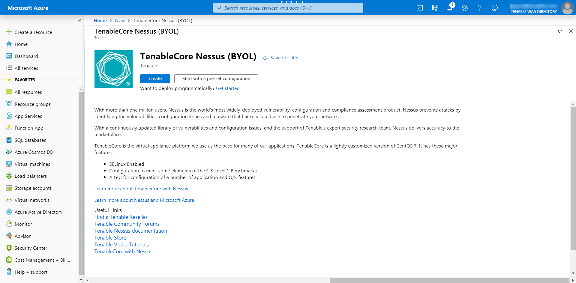 Provision Tenable Core Nessus (BYOL) in Azure Marketplace