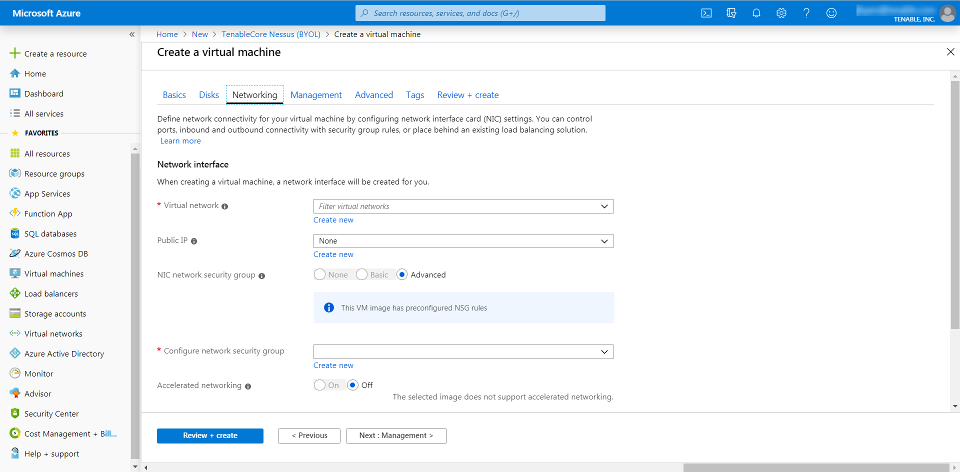 Provision Tenable Core Nessus (BYOL) in Azure Marketplace