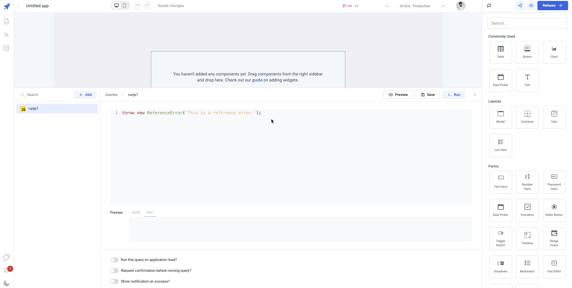 Intentionally fail a RunJS query ToolJet