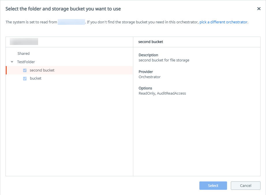 Apps Orchestrator からストレージ バケットを参照する