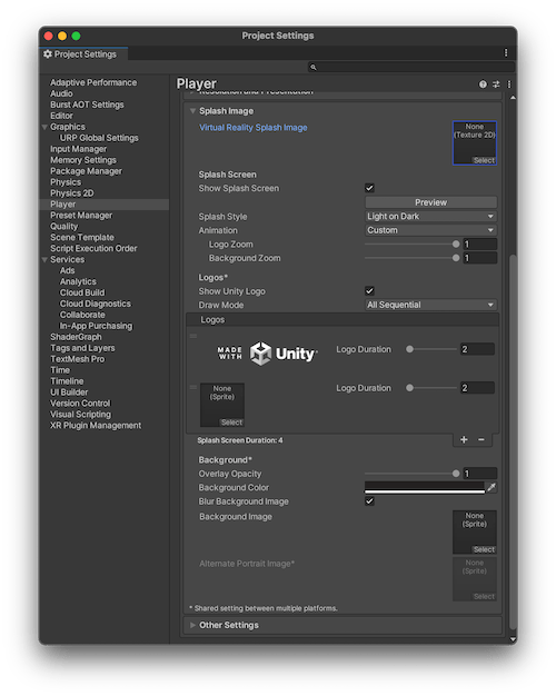 Splash Image Player settings Unity 手册