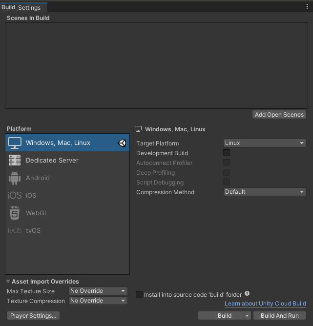 Unity Manual Linux Build Settings
