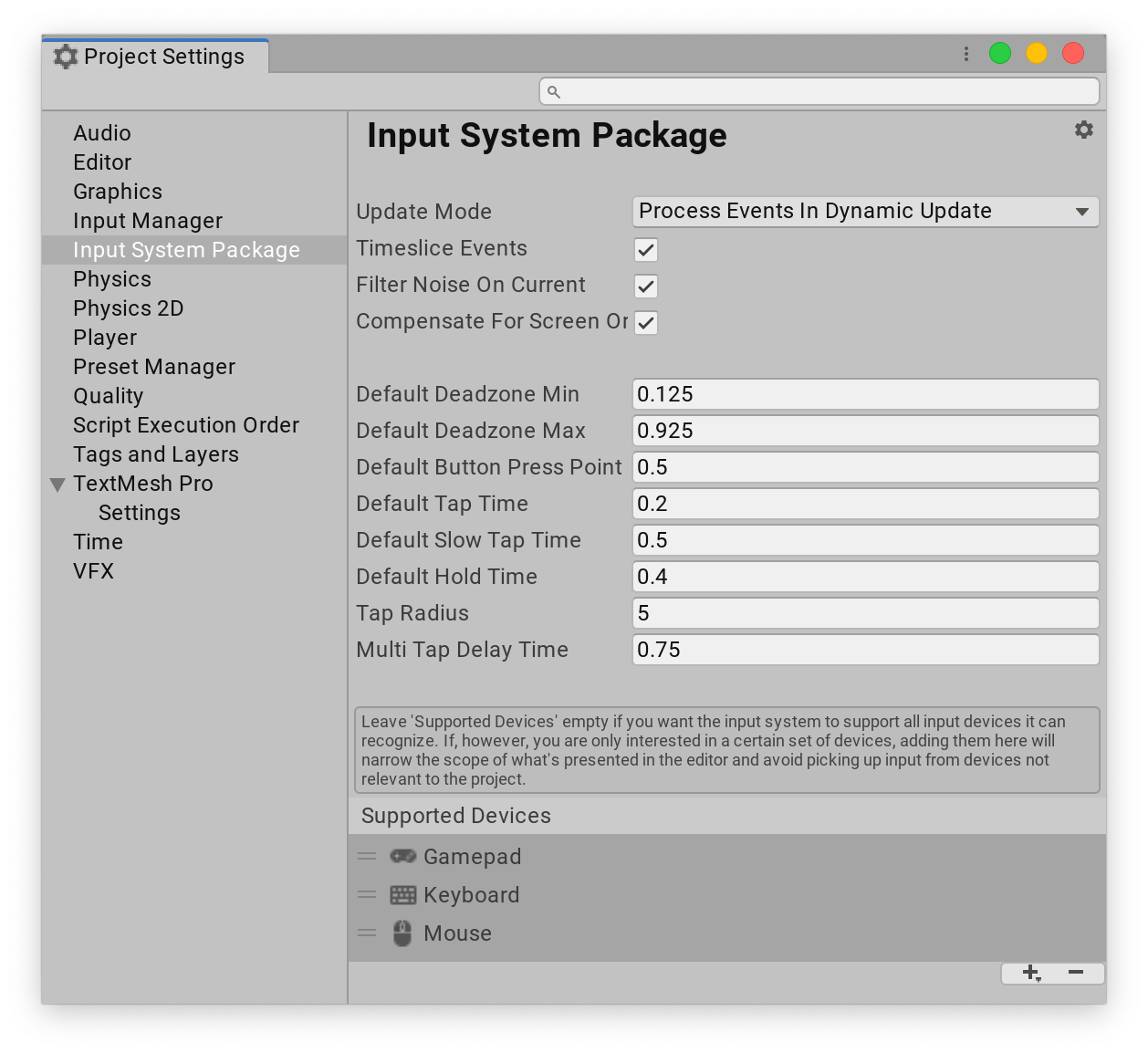 Input settings | Input System | 1.0.2