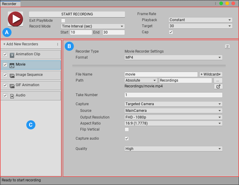The Recorder window has the following sections