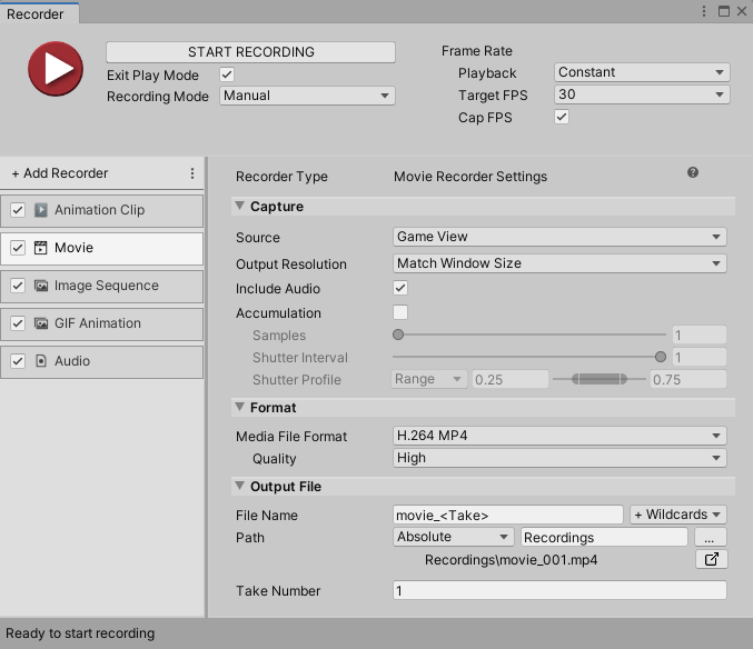 Movie Recorder properties Unity Recorder 2.6.0exp.4