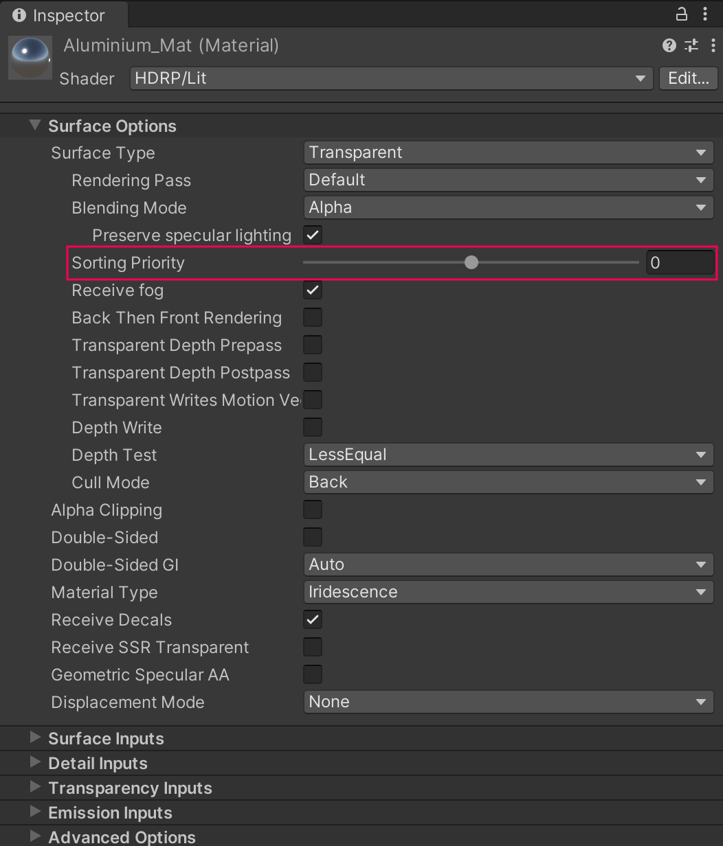 Renderer and Material Priority High Definition RP 12.1.7