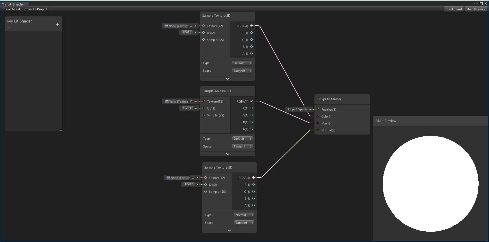Attach the Sample Texture 2D Nodes to Color, Mask, and