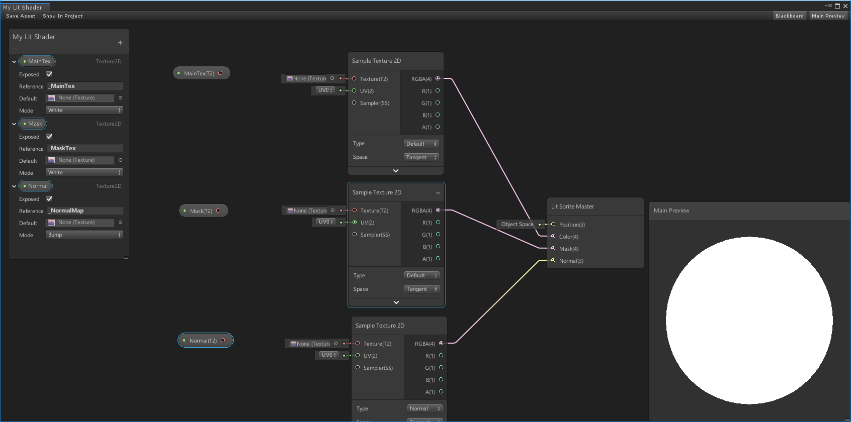 Connect the MainTex, Mask, and Normal nodes to their respective Sample Texture2D nodes.