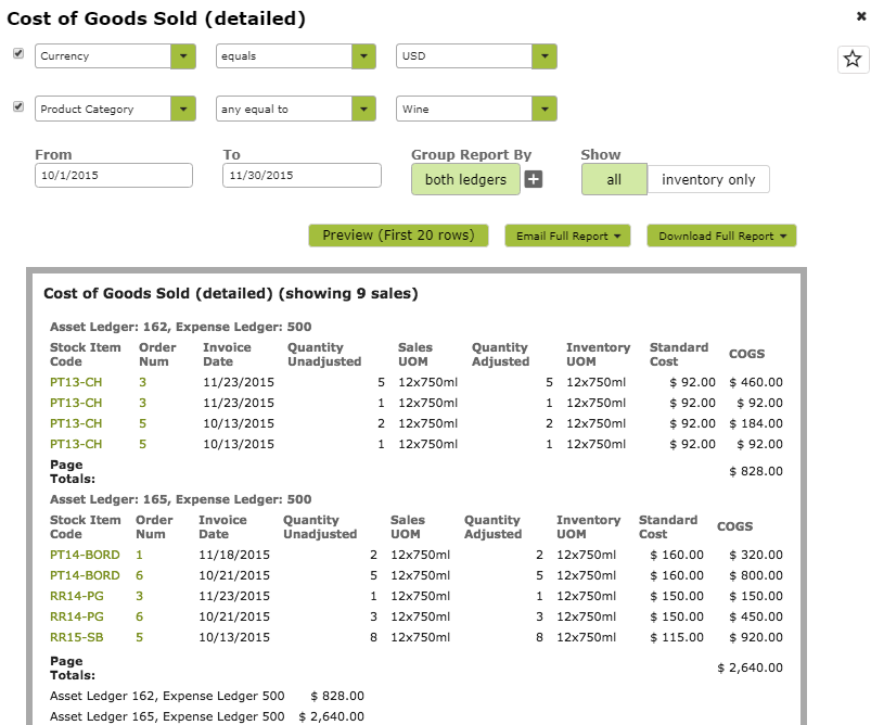 Vinsight Documentation Cost of Goods Sold Report
