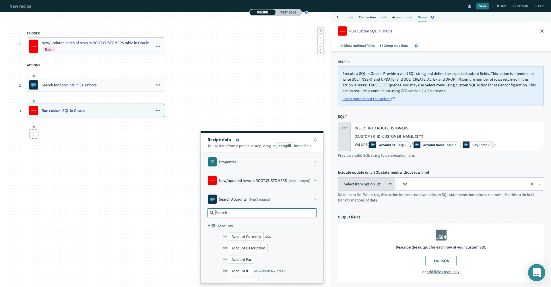 Workato connectors Oracle Run custom SQL action Workato Docs