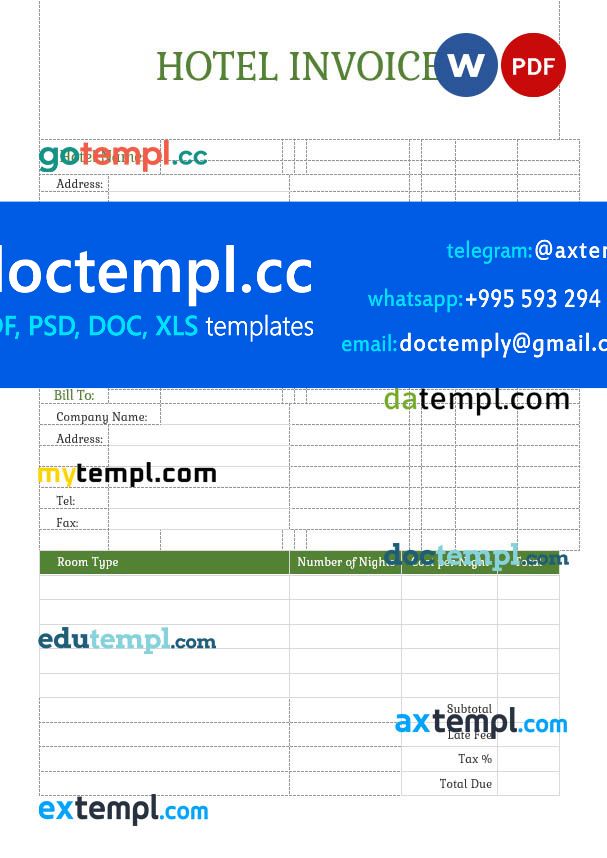 Sample Hotel Invoice template in word and pdf format