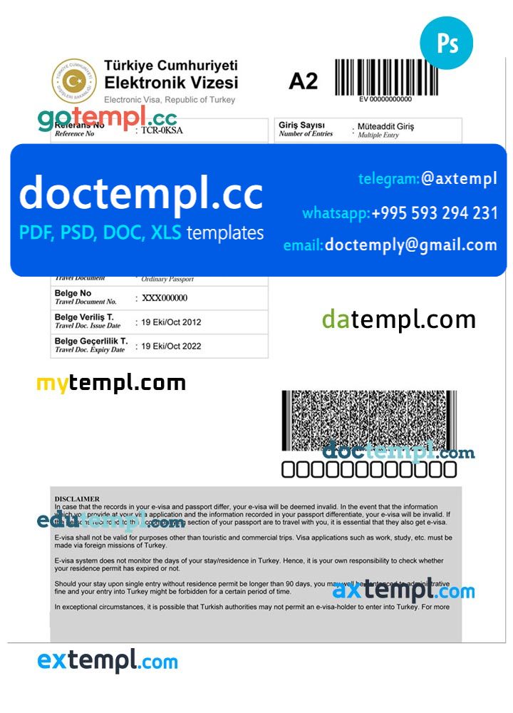 Turkey electronic travel visa PSD template, with fonts