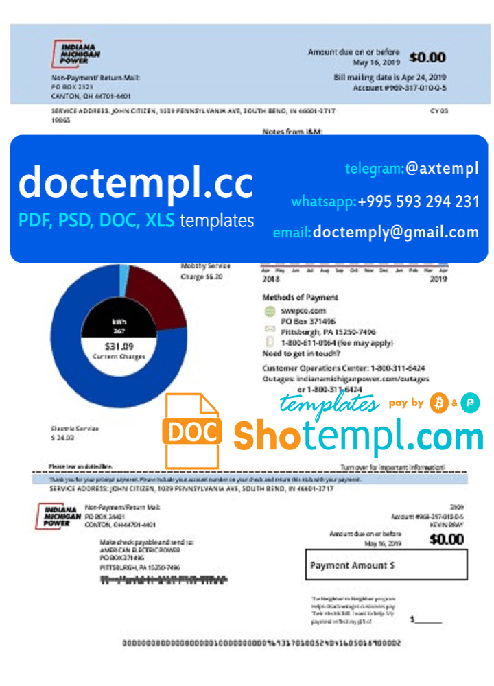 USA Michigan electricity utility bill template in Word and PDF format