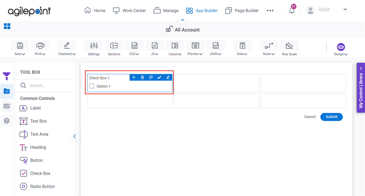 Rule Builder screen (Form Control Configuration)