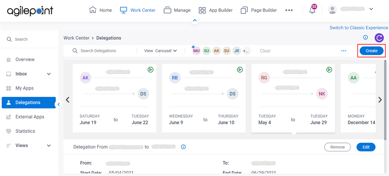 Create Delegation screen (Modern Work Center)