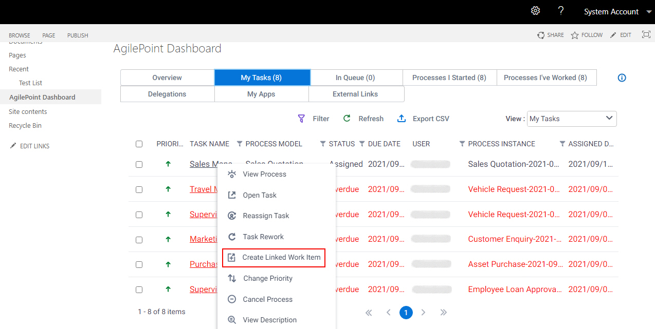 Create Linked Work Item screen (Classic, SharePoint OnPremises)