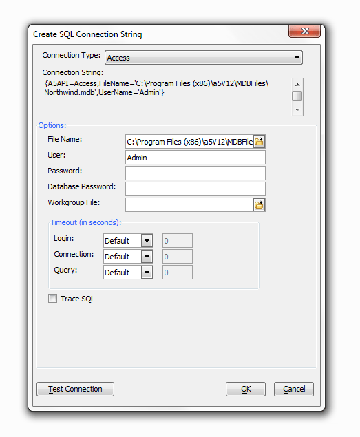 Alpha Anywhere Create SQL Connection String Dialog