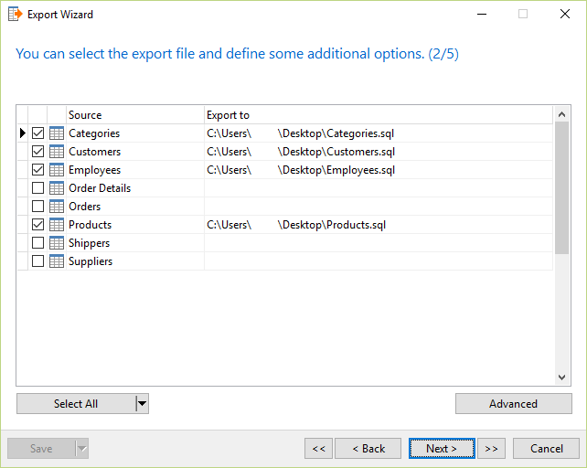 Export Tables from a Database