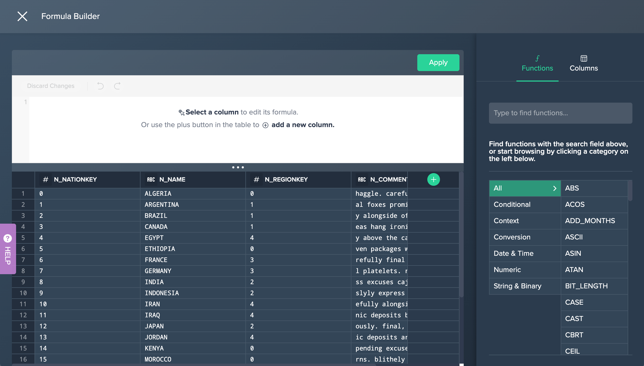 Formula builder Datameer User Guide