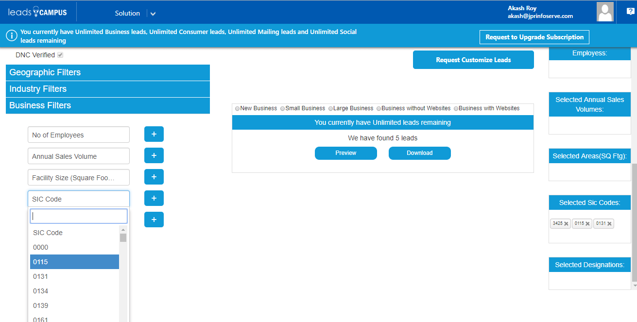 How do I filter by Industry or SIC Code Leadscampus