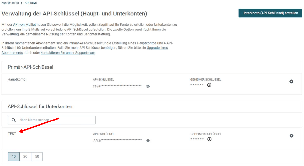 Wie kann ich ein Unterkonto (oder einen zusätzlichen APISchlüssel