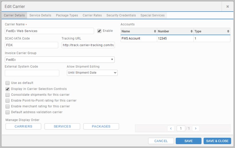Carriers tab (sub tabs Accounts, Rate Groups, Third Parties
