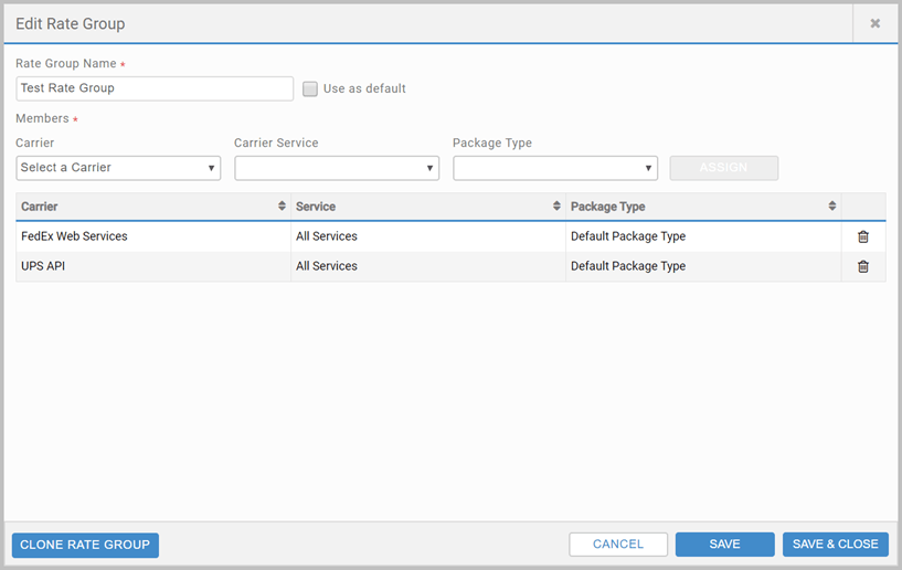 Carriers tab (sub tabs Accounts, Rate Groups, Third Parties