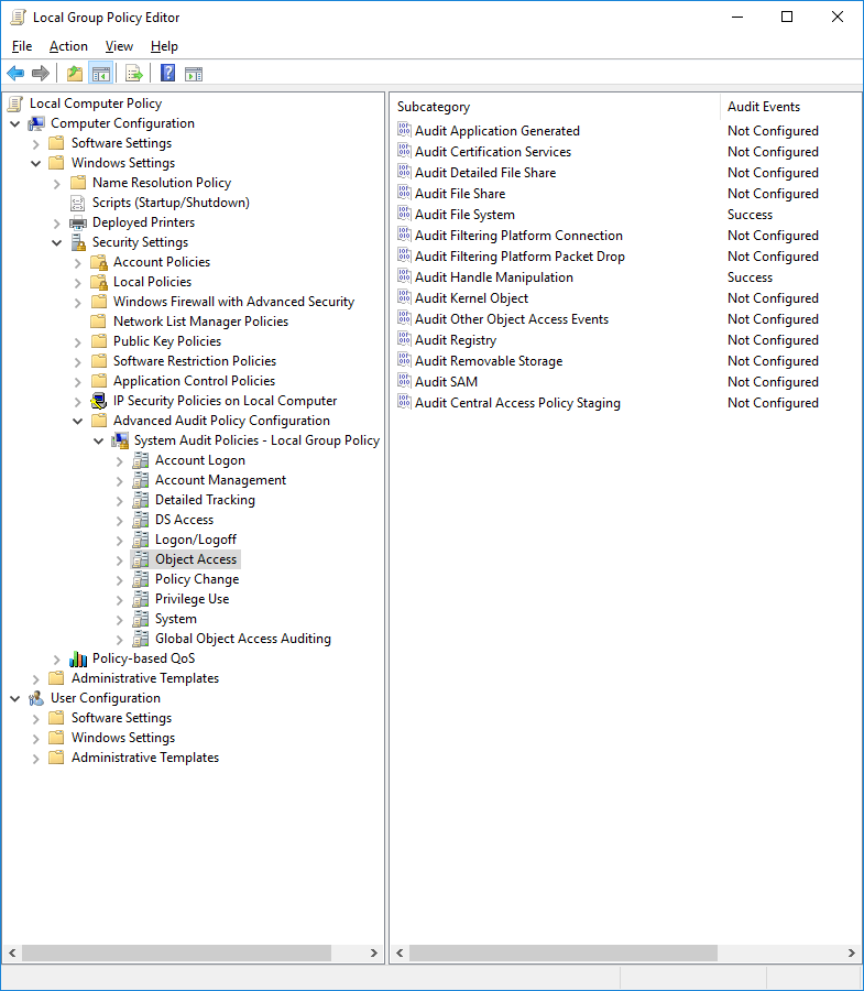 Manual configuration of the Local Audit Policies in Windows Auditing