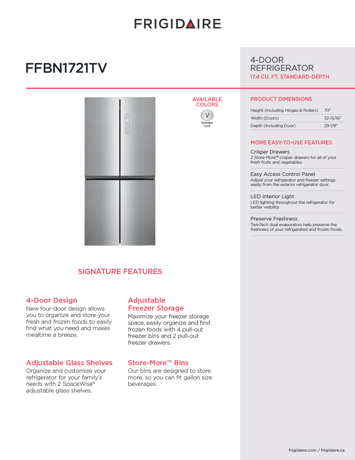 FFBN1721TV | Frigidaire 33" 17.4 cu. ft. 4 Door Refrigerator
