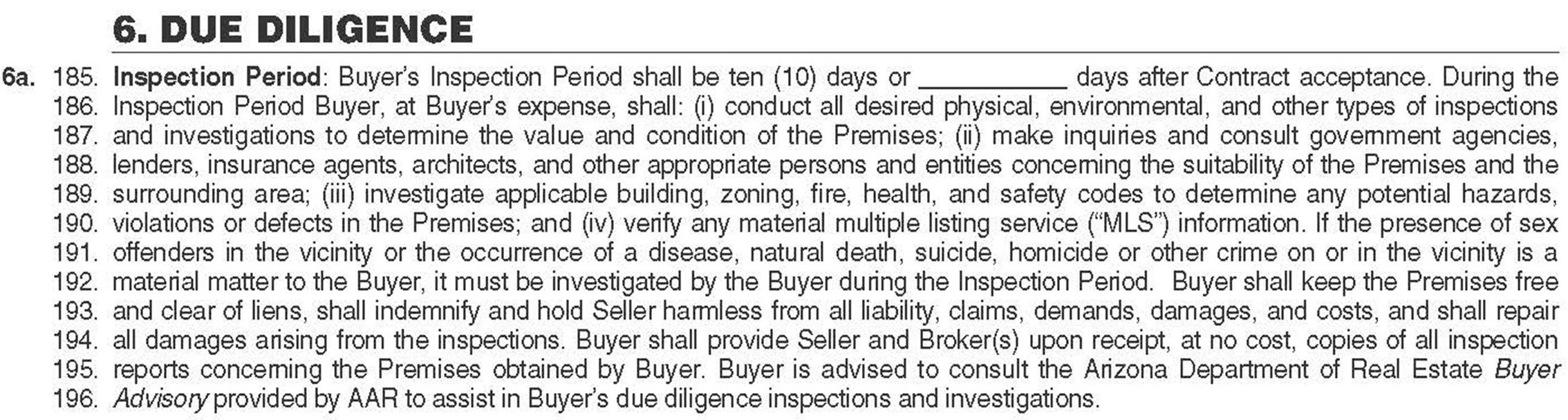 AZ Real Estate Purchase Contract Section 6 (Due Diligence) Dodd