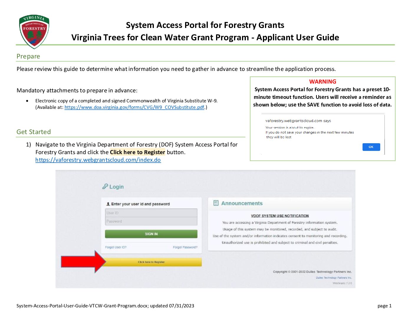 System Access Portal for Forestry Grants Virginia Department of Forestry