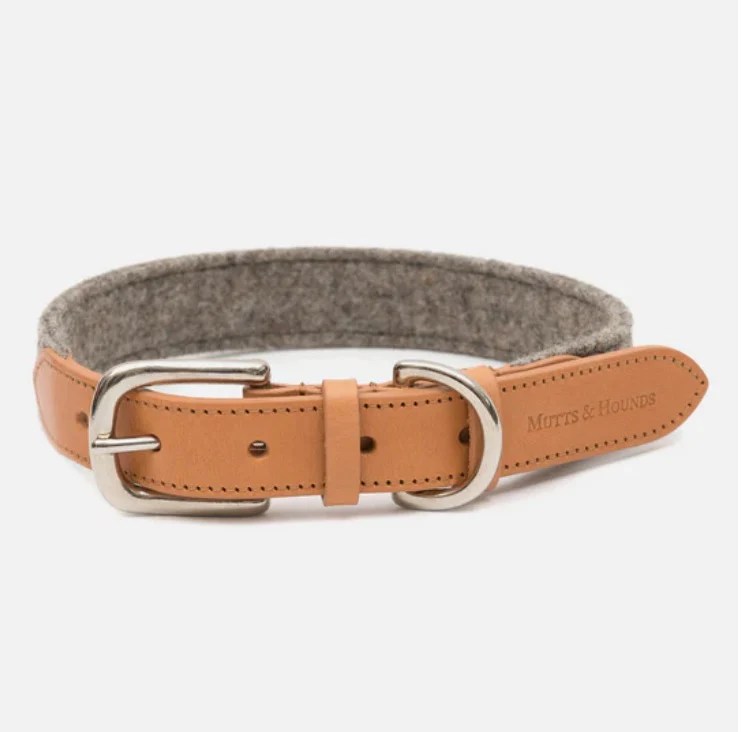 Camello Leather & Grey Tweed Dog Collar Mutts & Hounds Doggy Styling