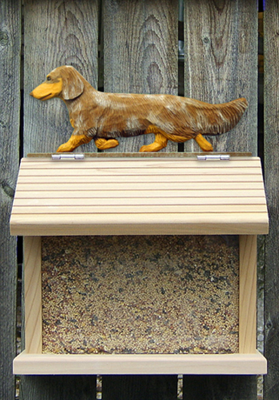 Dachshund Long Hair Hand Painted Dog Bird Feeder Red Dapple