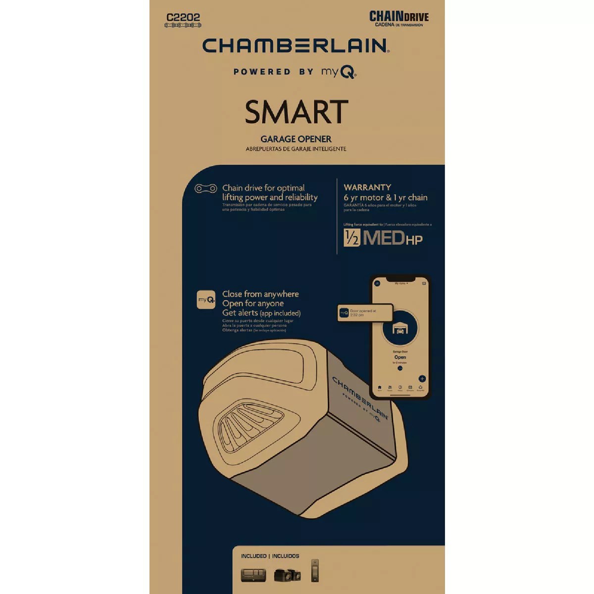 Chamberlain C2202 1/2 HP Smartphone Controlled Chain Drive Garage Door
